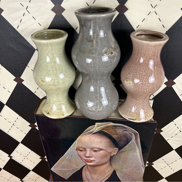 Studio Pottery Trio Bud Vases Crackle Glaze Sculptural| Vintage Luxury Set of 3 - Picture 9 of 16